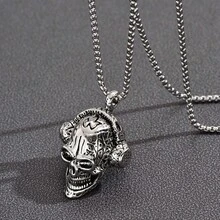 1 件創意嘻哈風格耳機佩戴骷髏吊墜不銹鋼鏈項鍊,酷適合夜店、派對、酒吧、摩托車、萬聖節配件 - 復古銀色 - 查看 5