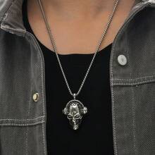 1 件創意嘻哈風格耳機佩戴骷髏吊墜不銹鋼鏈項鍊,酷適合夜店、派對、酒吧、摩托車、萬聖節配件 - 復古銀色 - 查看 3