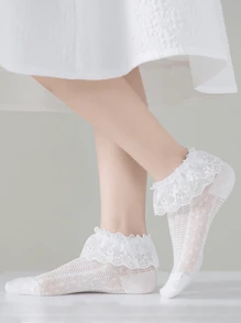 1對白色花朵蕾絲設計透氣網眼和魚網防滑襪,適合日常穿著 - 彩色 - 查看 1