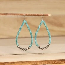 2 顆圓形手工珠綠松石古董銀色耳環波西米亞珠寶女式珠寶綠松石珠寶女士禮物 - 彩色 - 查看 4