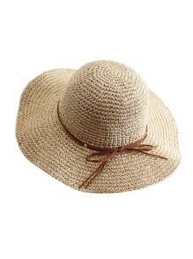 1頂女性寬邊草帽,可摺疊夏季海灘遮陽帽,實色和帶子裝飾,適用於海灘或釣魚等戶外活動波霍風格 - 米色 - 查看 2