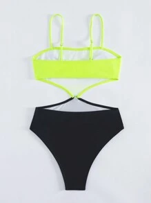 Fluorescent Green Color Block Hollow Out Cami Swimsuit Summer - Black + Fluorescent Green - View 5