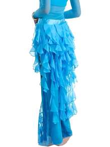 1件女士肚皮舞臀部围巾腰帶裙拉丁舞九尾狐裙表演流蘇波浪裙 - 淺藍色 - 查看 1