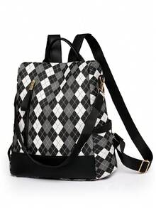 1 Pc Women's Contrast Rhomb Soft PU Zip Closed Fashion Shoulder Bag Suitable For Daily External Use In Autumn And Winter - Black - View 4