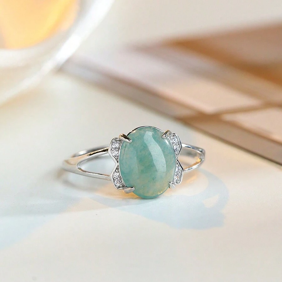 1入鑲嵌天然翡翠戒指,精品優雅戒指,適用於家庭度假生日禮物 - 米色 - 查看 1