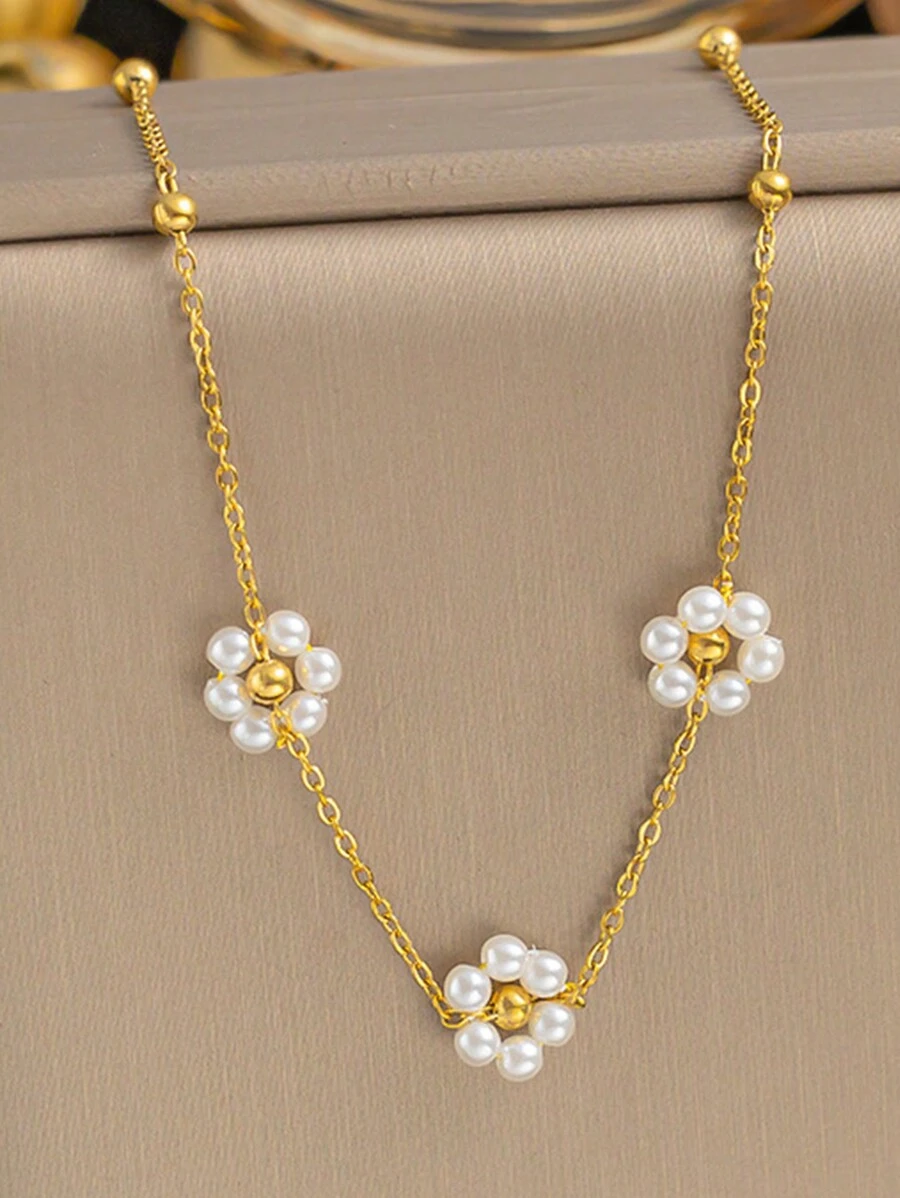 1 件時尚女式不鏽鋼花朵和珍珠項鍊,多功能珠寶配件,適合日常佩戴,情人節禮物 - 彩色 - 查看 1