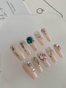 10入組超長棺材形狀假指甲，雙向心形設計，DIY假指甲套裝，包含1支果凍膠和1種美甲緩衝器，適用於女孩和女士 - 彩色 - 查看 3