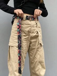 1pc Women's Canvas Belt With Large Flower Pattern, Versatile Waistband For Cargo Pants - Multicolor - View 9