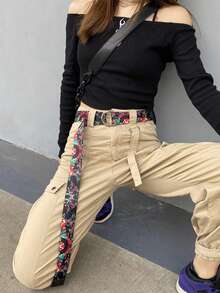 1pc Women's Canvas Belt With Large Flower Pattern, Versatile Waistband For Cargo Pants - Multicolor - View 2