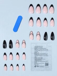 24入組黑色法式設計長棒形假指甲套裝，附1pc透明膠水和1pc指甲檔，女性和女孩的日常穿搭必備品，壓克力假指甲美甲用品 - 黑色 - 查看 2