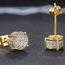 2 件/1 对精美圆形耳钉镶有闪亮 CZ 宝石银色/金色日常时尚百搭耳饰男女皆宜 - 金色 - 查看 1