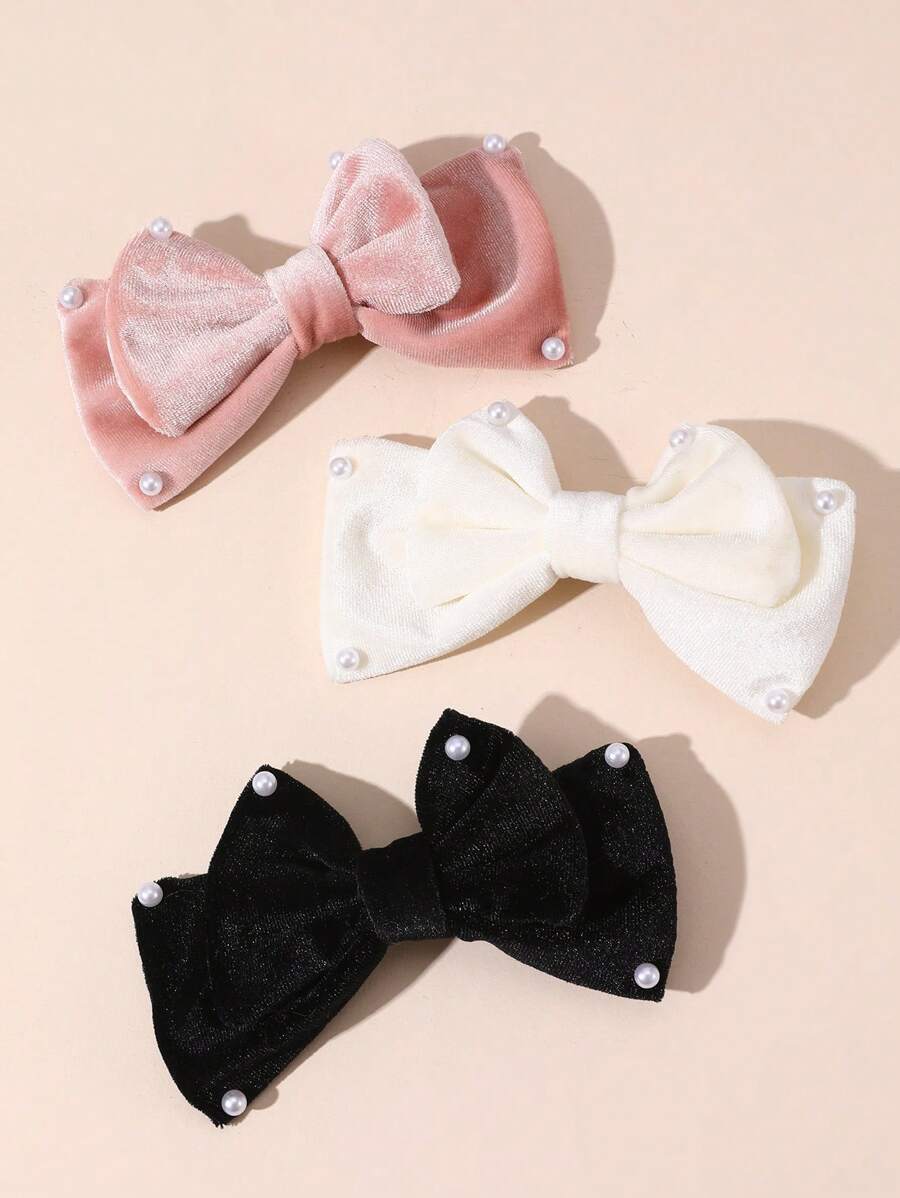 3pcs Cô gái Trân châu & Bowknot Kẹp tóc Và Clip Bộ - Nhiều màu - Xem 1