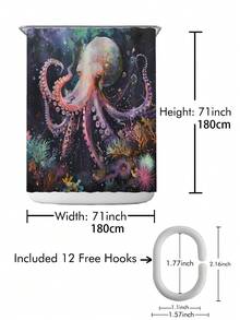 1入組章魚印花淋浴簾,防水,可機洗,浴室隔斷,浴簾,浴室裝飾窗簾,附12個塑料勾 - 彩色 - 查看 2