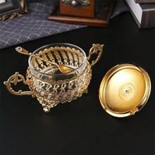 1個調味罐,1個調味瓶,密封盒,蓋子調味罐,1個糖罐,歐式金屬調味罐配有蓋子和匙羹,家庭起居室小吃儲存罐,廚房油,雞精,鹽,醬油,醋和調味品收納盒,適用於節慶慶祝活動 - 金色 - 查看 4