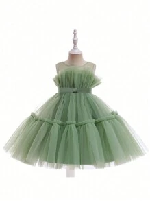 Vestido De Princesa Sólido Sin Mangas Para Niñas De Talla Intermedia Con Malla Y Detalles De Lazo Y Flor - Verde - Ver 1