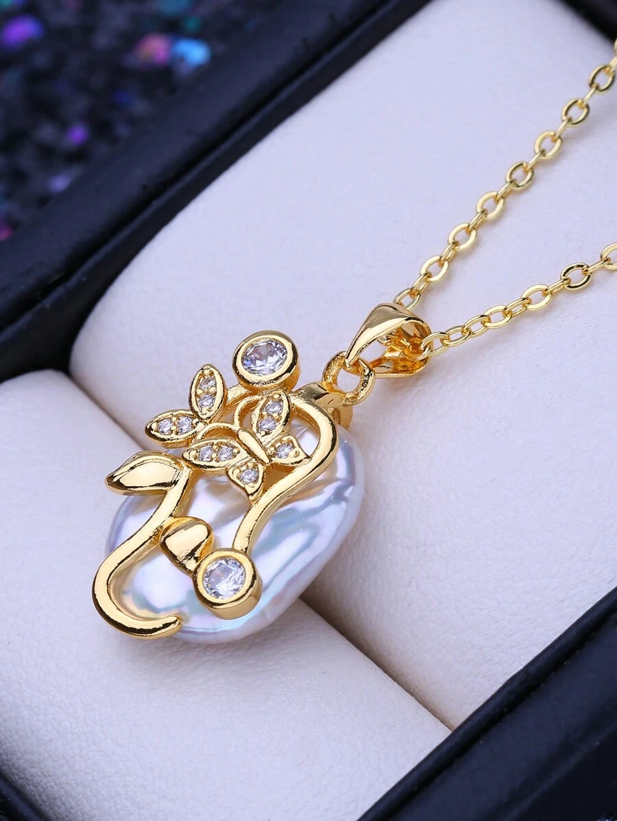 1 件时尚优雅淡水大珍珠项链，蝴蝶设计，几何巴洛克不对称珍珠吊坠项链，适合女士派对、婚礼、节日礼物 - 蝴蝶設計 - 查看 1