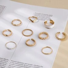 10pcs European And American Metal Twisted Pearl Ring, Hollow Out Oil Drip Simple Open Ring - Silver - View 6