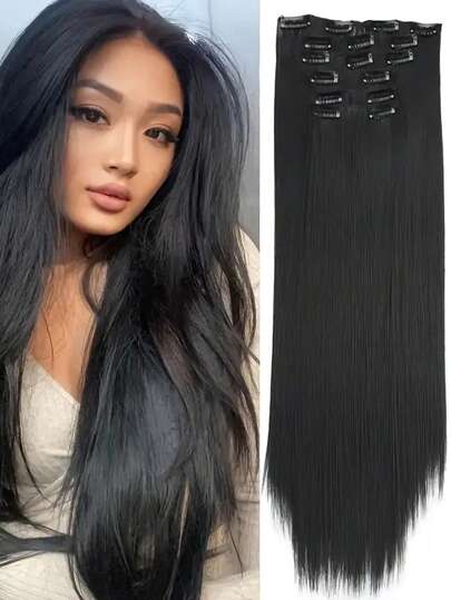 6 Pieces/Set 16 Clip Hair Extensions Black Long Straight Hair Natural Gradual Change Wig Heat Resistant Fiber Women's Hairstyle