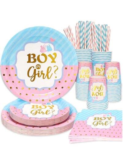 84 قطعة من مجموعة مستلزمات حفلة إعلان جنس المولود، أطقم أوراق ورقية معممة للطاولات بأطباق وأكواب ومناديل أحادية الاستخدام بمقاس 7 و9 بوصة، مناسبة لديكورات الكشف عن الجنس باللونين الوردي والأزرق، لحفلات العودة إلى المدرسة وعيد الحب