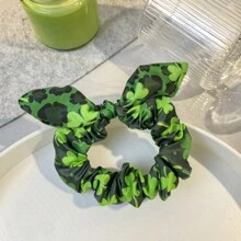 綠色聖帕特裡克節假日假植物三葉草花&兔耳裝飾盤旋式髮圈，適用於馬尾髮型，適合聖帕特里克節慶祝 - 綠色 - 查看 4