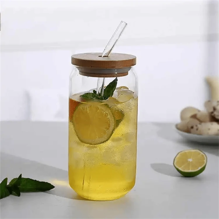 1 Pieza, 480ml Vaso Con Tapa Y Pajita De Bambú, Vaso De Agua En Forma De Lata De Vidrio De Borosilicato De Alta Calidad, Taza De Café Helado, Para Cerveza, Jugo, Leche, Regalos De Cumpleaños, Vajilla - transparente - Ver 3