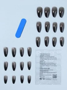 Elevate Your Style With,24pcs Long Almond Black Gradient Translucency Design Fake Nail Set,Contain 1pc Jelly Glue And 1pc Nail File, For Daily Wear By Women And Girls Press On Nails Nail Supplies