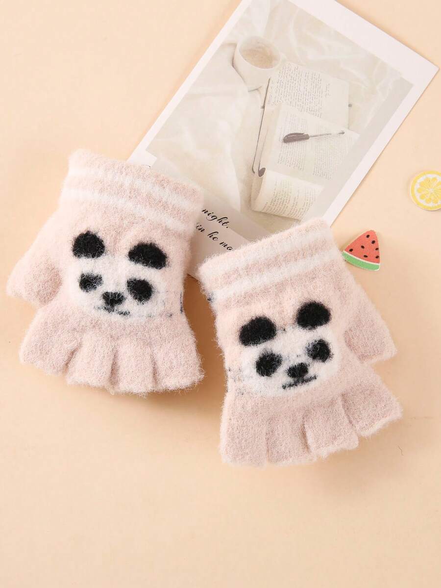 1對冬季適用的中性半指手套,可愛的熊貓造型無指手套適用於寶寶 - 米色 - 查看 1