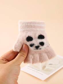 1對冬季適用的中性半指手套,可愛的熊貓造型無指手套適用於寶寶 - 米色 - 查看 5