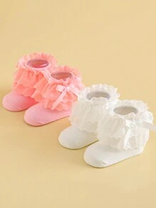 2雙女童寶寶柔軟舒適的白色和粉色蕾絲公主風格襪子,適用於生日派對日常穿著,0-3/12個月1-8歲 - 彩色 - 查看 1