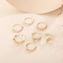 7pcs/Set Gold-Color Heart & Rhinestone Ring Set, European And American Fashion - Gold - View 3
