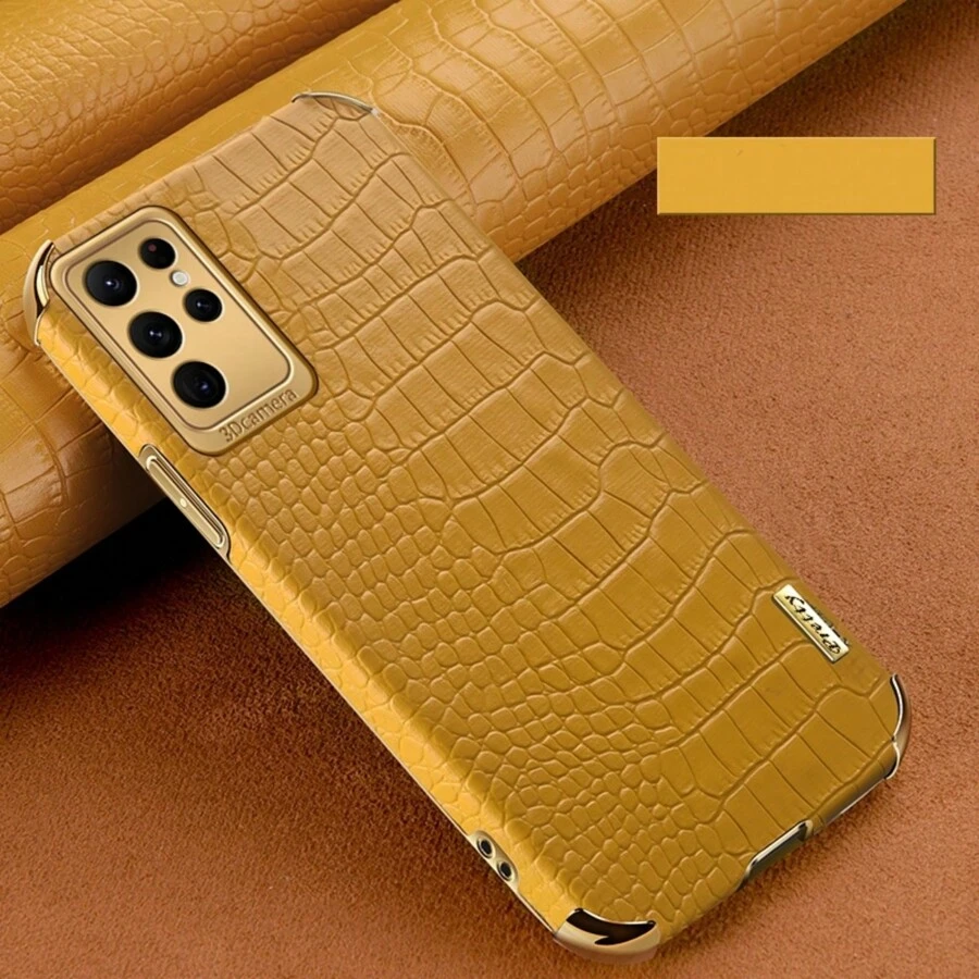 1 pieza Funda de teléfono móvil con textura de piel de cocodrilo chapada en 6d, compatible con Apple, , , Oppo, Vivo, regalo del Día de San Valentín - Amarillo - Ver 1