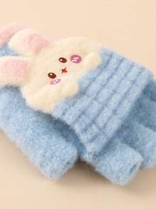 1pair Winter Warm Cartoon Checked Flap Half-Finger Gloves With Cute Rabbit Pattern For Boys And Girls - Blue - View 5