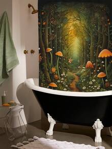 1入組森林蘑菇印花防水淋浴簾,附12塊塑料掛鉤,可機洗,適用於浴室隔斷、浴缸簾、浴室裝飾窗簾 - 彩色 - 查看 3