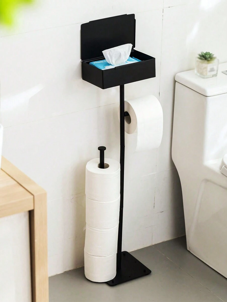 衛生紙架立架-多功能、不需固定的衛生紙架,易安裝,帶有架子和收納功能,黑色1入組 - 黑色 - 查看 1