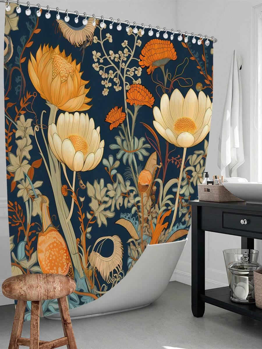 1入組花卉印花防水淋浴簾,帶有12個塑料掛鉤,可機洗,浴室分隔,浴簾,浴室裝飾窗簾 - 彩色 - 查看 1