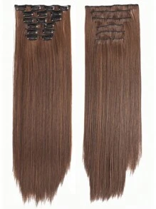 6 Pieces/Set 16 Clip Hair Extensions Black Long Straight Hair Natural Gradual Change Wig Heat Resistant Fiber Women's Hairstyle - Brown - View 4
