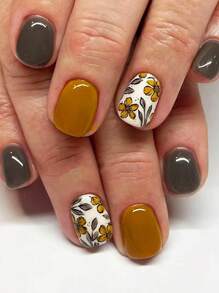 24入組美麗花卉紋黃色貼式指甲，優雅和令人驚歎的外觀，適合日常佩戴和派對美甲用品 - 黃色 - 查看 1