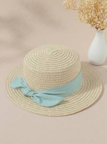 1入組兒童蝴蝶結扁平頂寬邊草帽，時尚多用途草帽，適用於海灘假期和家庭照片 - 卡其色 - 查看 6