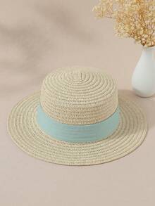 1入組兒童蝴蝶結扁平頂寬邊草帽，時尚多用途草帽，適用於海灘假期和家庭照片 - 卡其色 - 查看 3