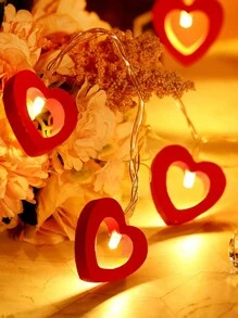 1pc Led Wooden Heart Shaped String Light For Home Decor, Wedding, Valentine's Day 1.5m 10 Lights - Red - View 5