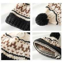 1PC, Autumn & Winter New Retro Jacquard Windproof Ear Warm Hairball Knitted Hat Fashion Cute Simple Student Woolen Hat, Outdoor Sports Office Commuting Practical Hat, Birthday Gift - Black - View 2
