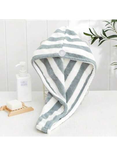 1 Pieza Toalla de secado de pelo de microfibra con diseño a rayas,suave y ajustable con botón,absorbente, gorro de baño y ducha de colores.