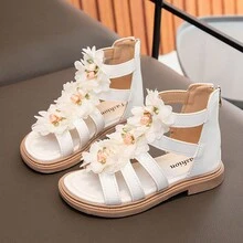 1pair Girls' Slip-Resistant High-Top Roman Flat Sandals With Flower Design, Summer - Beige - View 9