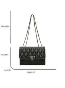 1pc Minimalist Fashion Indentation Diamond Shape Square Bag Lock Closure Flap Opening Metal Chain Shoulder Bag Suitable For Women's Daily Casual Use - Black - View 7