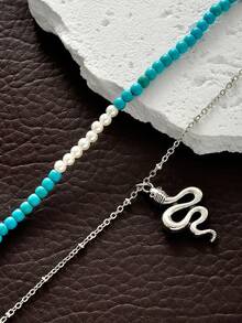 1pc Bohemian Style Multilayered Necklace With Turquoise, Pearl And Snake Decorations, Suitable For Women To Wear On Vacation, Date, Party And Daily Life - Multicolor - View 4