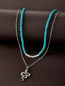 1pc Bohemian Style Multilayered Necklace With Turquoise, Pearl And Snake Decorations, Suitable For Women To Wear On Vacation, Date, Party And Daily Life - Multicolor - View 2