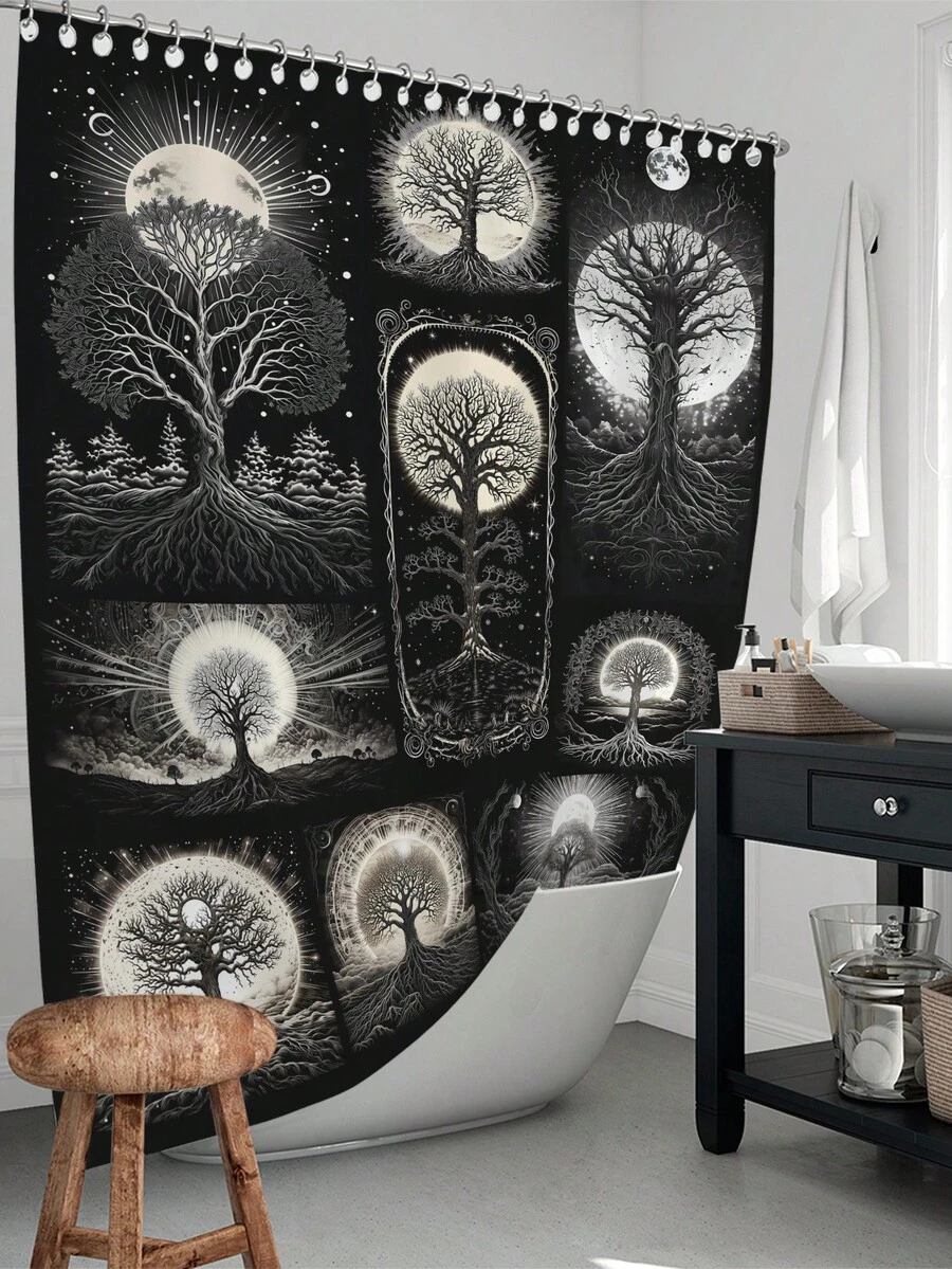 1 件太陽樹印花浴簾,防水浴簾,附 12 個塑膠掛鉤,可機洗,浴室隔間,浴缸簾,浴室裝飾窗簾 - 彩色 - 查看 1