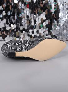 Women's Wedge Pump Closed Toe Low Heel Dress Shoes With Snake Skin Wedge Heel - Black and White - View 3