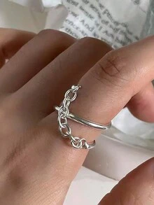 女士堆疊式時尚開口戒指,簡約百搭,韓風珠寶,適用於潮流ins - 復古銀色 - 查看 6