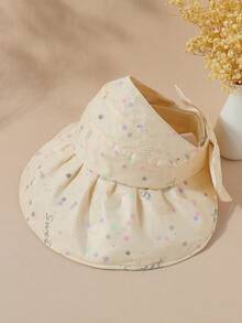 1件女童波點及字母細節大蝴蝶結遮陽帽,大邊遮陽,適合親子戶外活動,可摺疊攜帶 - 卡其色 - 查看 3